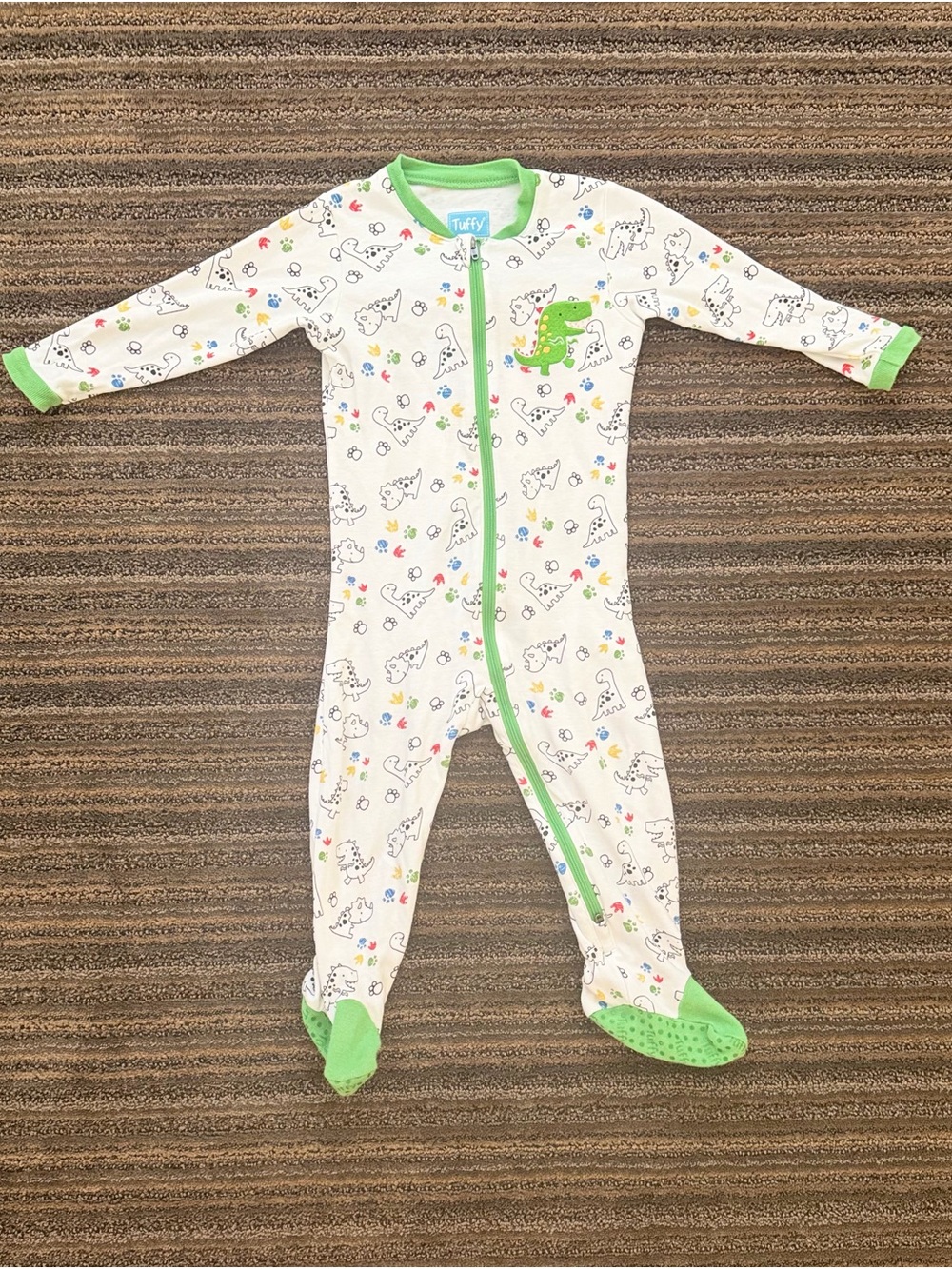 Tuffy Unisex Green-Trim Dino Zip Footed One-Piece for Kids